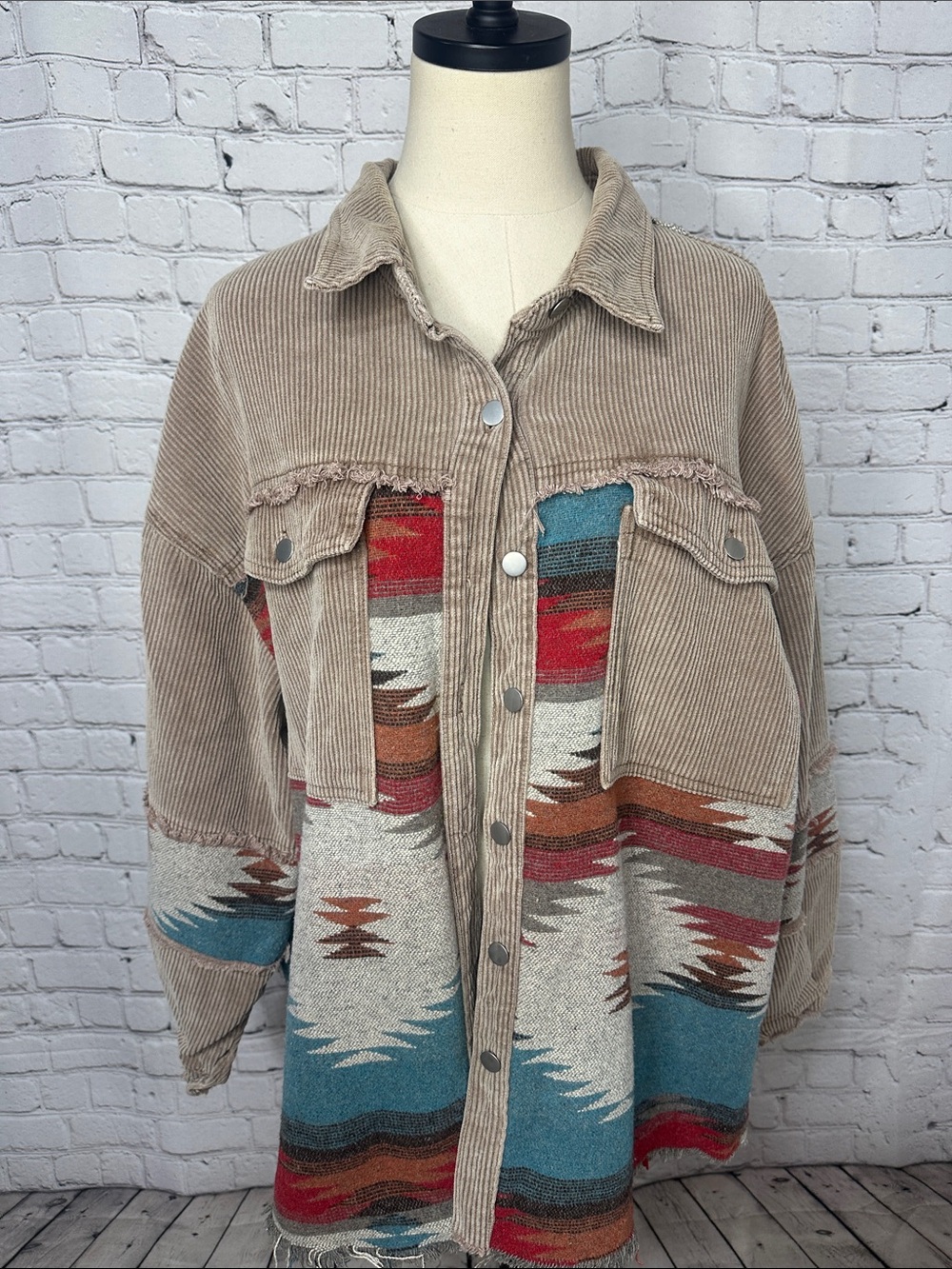 POL Corduroy Aztec Patchwork Oversized Shacket Jacket M